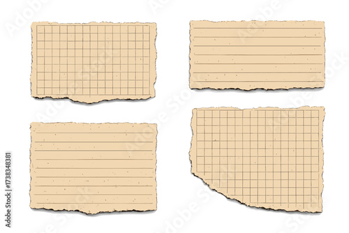 Set of torn paper scraps. Vintage vector elements collection. Ripped pieces of old lined and grid notebook paper. Grunge texture background for design. Aged note page.