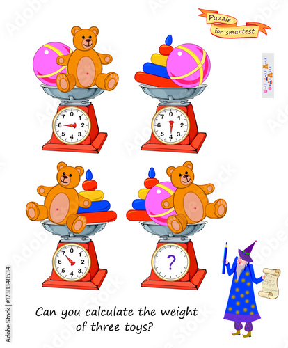 Can you calculate the weight of three toys? Mathematical logic puzzle game for smartest. Printable page for kids brain teaser book. Develop counting skills. Flat vector illustration.
