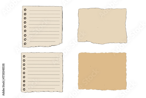 Realistic torn paper set with ripped edges. Collection of old vintage notebook sheets and aged parchment scraps. Grunge textured vector elements for retro collage and scrapbook design.