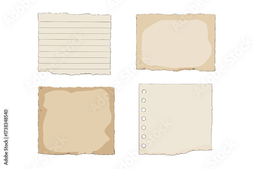 Set of realistic torn paper sheets. Vector collection of ripped notebook page, old vintage parchment, and aged paper. Grunge design elements for collage and scrapbooking.