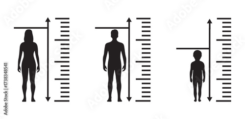 Collection of Human Height Growth Measurement Icon Set – Person Silhouette with Ruler Scale and Fitness Body Size Vector design