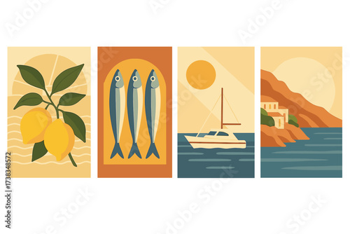 Amalfi coast Italy summer posters set. Vector illustration italian lemon tree, sardines, yacht. Slow life vacation concept. Minimalist geometric backgrounds, contemporary vintage style.