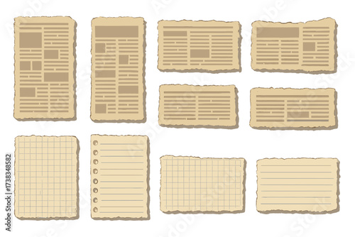Torn paper set. Vintage newspaper clippings and ripped notebook sheets. Retro scrapbook page elements for collage. Old aged ragged paper texture collection for design.