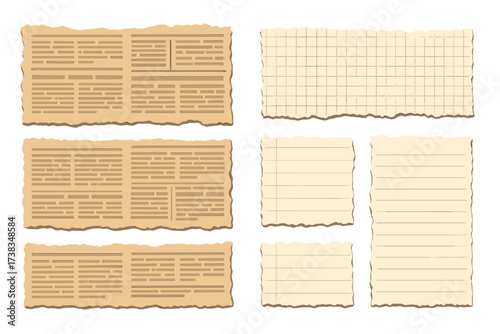 Set of torn newspaper and ripped notebook paper. Vintage paper texture with uneven edges for collage and scrapbooking. Old retro note sheets collection, grid and lined pages.