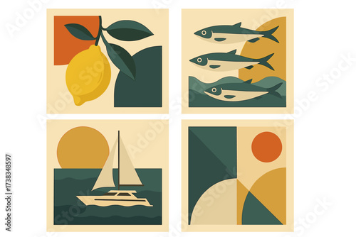 Amalfi coast Italy summer posters set. Slow life vector illustrations with Italian lemon, sardines, yacht. Minimalist geometric contemporary art. Vintage travel and vacation concept.