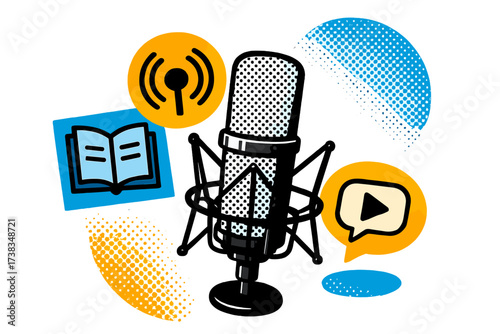 Studio microphone for podcast and broadcast recording. Online radio and audio streaming service concept. Vector illustration with halftone collage style for educational content.