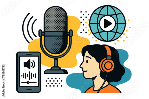 Podcast audio streaming service. Studio microphone for broadcast recording. Girl with headphones listens to online radio, music, educational content. Vector illustration collage.