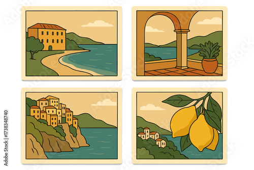 Set of vintage Italian travel posters. Retro summer vacation postcards with coastal scenes. Hand-drawn minimalist wall art illustrations of Mediterranean sea, Amalfi coast, lemons.