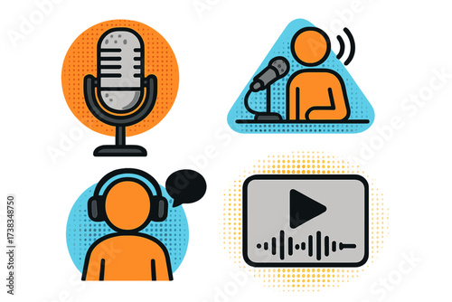 Podcast icon set for audio streaming service. Trendy halftone collage with studio microphone for broadcast recording. Listen to educational content online. Radio vector concept.