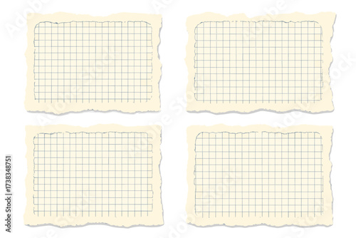 Torn ripped grid paper sheets frame for back to school design. Textured vector illustration of a notebook page. Scrapbook note element with a hole and ragged edges. Math paper.