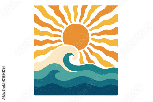 Vintage groovy abstract summer sea waves with wavy sun rays. Retro 70s surf and beach print. Graphic illustration with rough texture for t-shirt, poster, or sticker design.