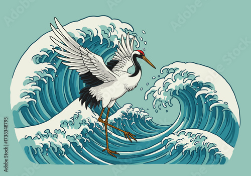 Japanese Crane with Waves Illustration Traditional Art Style.
