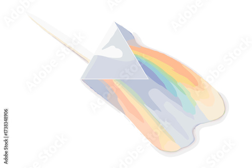 Prism light dispersion effect creating a rainbow spectrum. Crystal glass refracting a light beam into holographic reflection and shadow overlay. Physics science vector illustration.