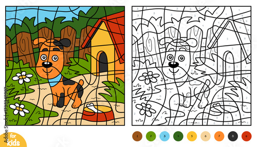 Cute dog on background of the backyard and kennel. Color by number page for kids. Farm animals collection. Educational activity game for preschool and kindergarten children to learn colors
