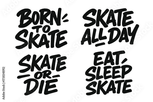 Skater quotes lettering set in graffiti font. Urban street art typography. Youthful marker style for t-shirt print. Born to skate, skate or die, eat sleep skate vector design.