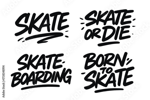 Skater quotes lettering set. Graffiti street art style font with dynamic bold strokes. Youth culture urban vibe typography design for t-shirts. Marker art vector illustration.