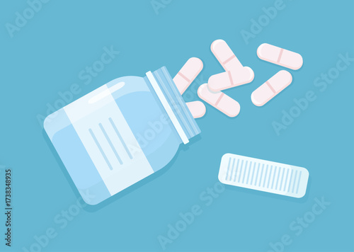 Tablets spilled out of an open medicine bottle. Container with medical capsules. Treatment of diseases, intake of vitamins and antibiotics. Prescription-only medicines in pharmaceutical packaging.