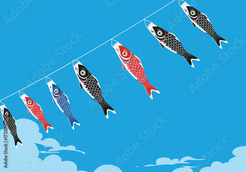 Colorful Koinobori Carp Streamers Against a Blue Sky.