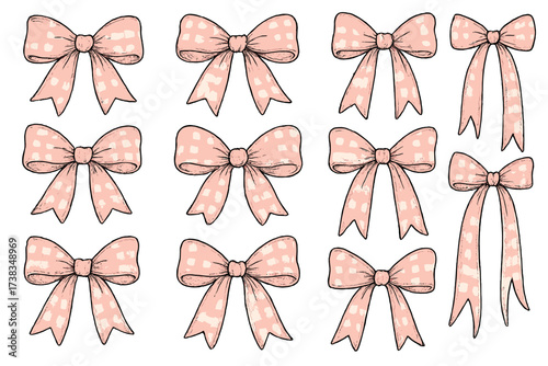 Coquette pink gingham bow set in vintage feminine aesthetic. Vector hand-drawn illustration. Romantic ribbon elements for Valentine's, scrapbooking, and girly Y2K design.