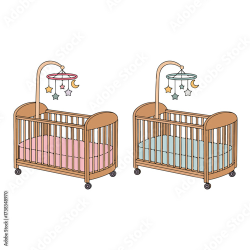 A simple, white nursery room with a wooden crib, ready for a child's arrival