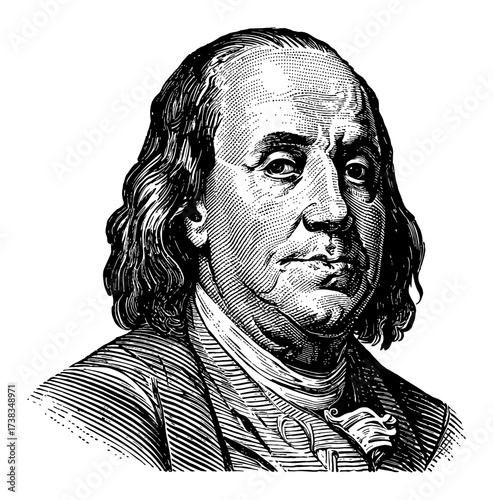 Benjamin Franklin Vintage Engraving Historical Bust Portrait Black and White Outline Line Art Drawing