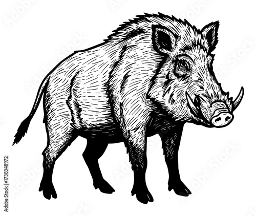 Aggressive Wild Boar Tusked Pig Black and White Outline Line Art Drawing Vintage Engraving Illustration