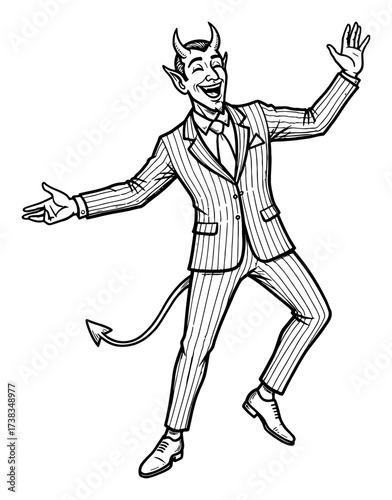 Joyful Devil Dancing in a Pinstripe Suit Cartoon Style Black and White Outline Line Art Drawing