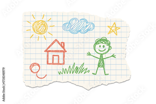 Child's drawing on torn checkered paper. Cute kid's crayon scribble of a happy family, home, and sun. Back to school doodle concept. Vector cartoon illustration for design.