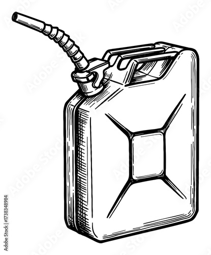 Vintage Jerry Can Fuel Container with Long Nozzle Black and White Outline Line Art Drawing Illustration