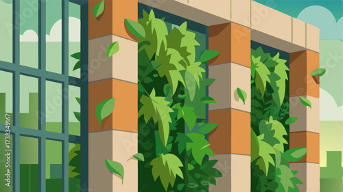 A vertical garden on the side of a building with an intricate structure of plants and vines cascading down the walls adding a touch of nature to the concrete jungle.