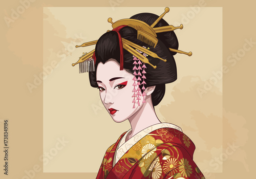 Elegant Geisha Portrait with Intricate Hairstyle and Kimono.
