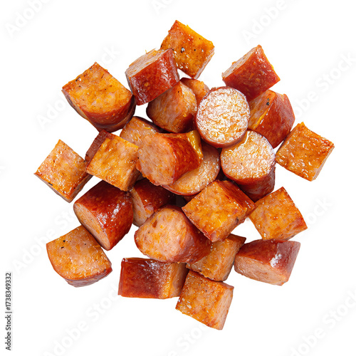 top view of diced fried sausage cubes isolated on white background
