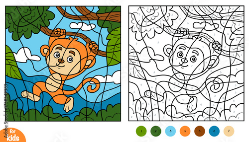 Cute monkey on jungle background. Color by number page for kids. Zoo animals collection. Educational activity game for preschool and kindergarten children to learn numbers and colors