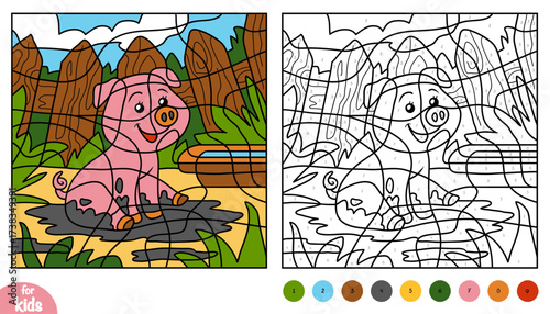 Cute pig in a mud puddle color by number page for kids. Farm animals collection. Fun and educational activity game for preschool and kindergarten children to learn numbers and colors