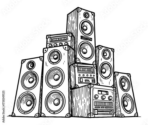 Stack Mountain of Loud Speakers Music System Coloring Book Style Black and White Outline Line Art Drawing