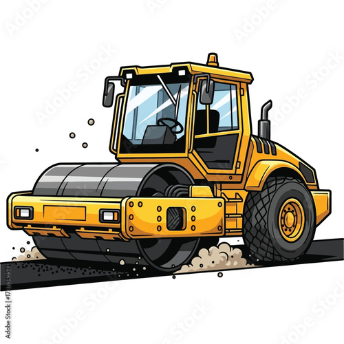 Powerful yellow road roller compacting asphalt on construction site, essential for building durable infrastructure and smooth surfaces.