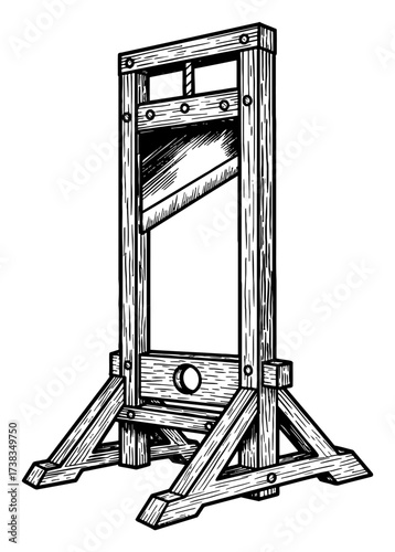 Vintage Guillotine Execution Device Black and White Outline Line Art Drawing Hand Drawn Etching