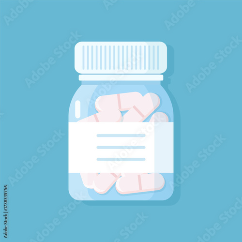 A closed transparent bottle filled with pills, with a label mockup. Storage of prescription medications, vitamins, and antibiotics. Pharmacist Day. Medical Design Mockup
