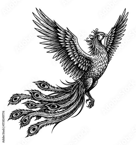 Magnificent Phoenix Bird with Spread Wings and Detailed Tail Black and White Outline Line Art Drawing
