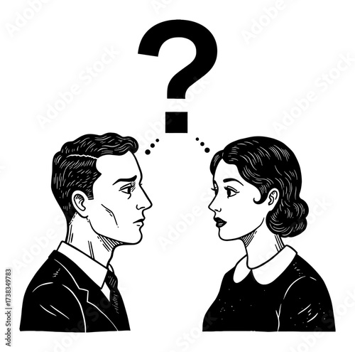 Retro Detailed Doubtful Man and Woman Thinking Question Mark Above Heads Black and White Outline Line Art Drawing