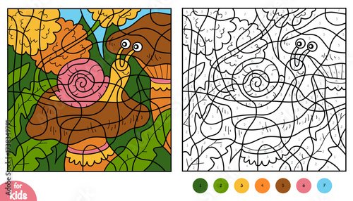 Cute snail character on mushroom and flower meadow background. Color by number page for kids about insects. Educational activity game for preschool and kindergarten children