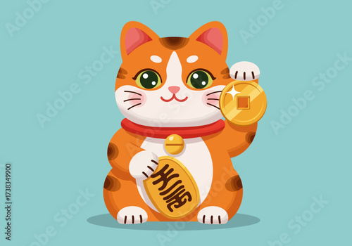 Cartoon Maneki Neko with Coins Orange and White Lucky Cat.