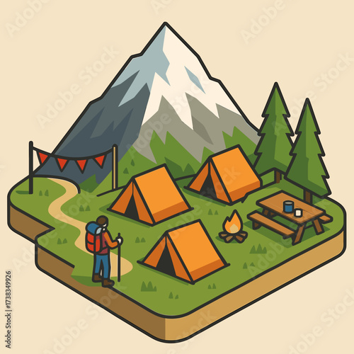 Outdoor camping scene with tents, a campfire, and a hiker near mountains and trees