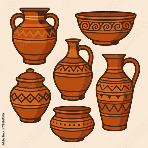 Collection of ornate clay pots and jars with decorative patterns on a light background