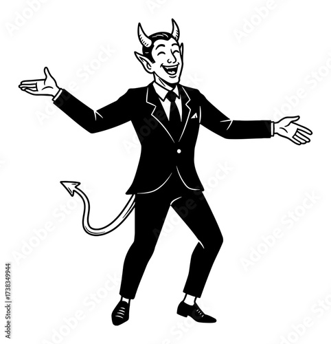 Joyful Devil Character Dancing in Black Suit Cartoon Vintage Black and White Outline Line Art Drawing