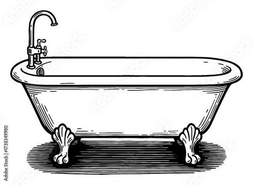 Detailed Bathtub Clawfoot Faucet Vintage Antique Black and White Outline Line Art Drawing