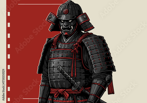 Illustration of a Samurai Warrior in Black and Red Armor.