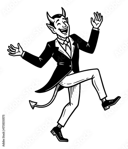 Joyful Devil Dancing in a Black Suit Cartoon Style Black and White Outline Line Art Drawing Vector
