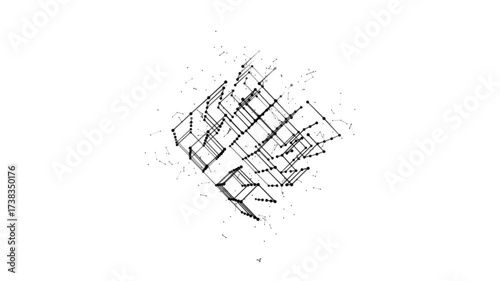 Halftone animation of squares, diamonds, and dots. Maze icon. Randomly rotating Cube with monochrome point. Puzzle design. Alpha channel. Cosmic body. Technology, medicine, business. QuickTime, 4K.