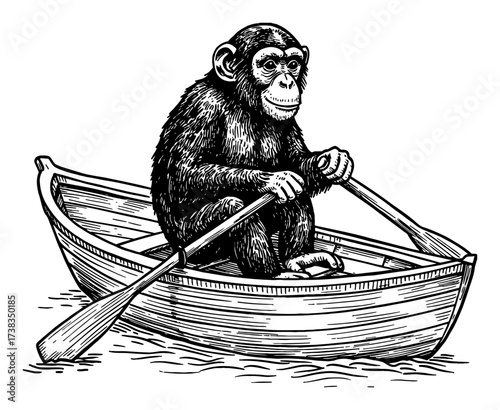 Chimp Rowing Boat Black and White Outline Line Art Drawing Vintage Engraving Style Isolated Illustration